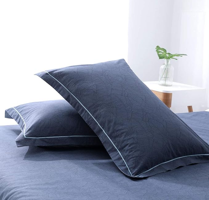 SLEEPBELLA Duvet Cover Twin Size, 600 Thread Count Cotton Navy & Grey Printed with Luxurious Blue Leaves Pattern Reversible Botanical Comforter Cover Sets, Bedding Set 2Pcs (Twin, Navy-Blue Leaves)