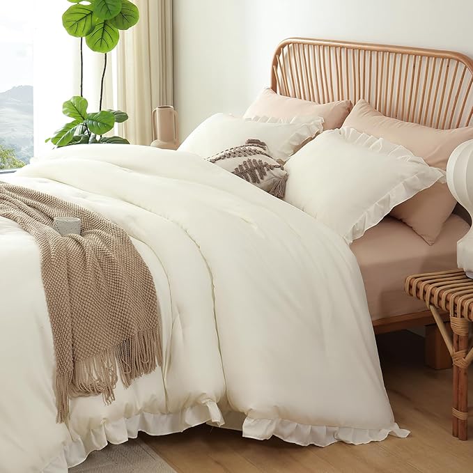 JANZAA Twin Comforter Set Creamy White Ruffle Comforter with 1 Pillowcase Soft Twin Size Bed Set Vintage Farmhouse Bed Comforter Set Fluffy Shabby Chic Bedding for All Season