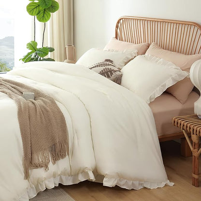 JANZAA King Comforter Set Creamy White Ruffle Comforter with 2 Pillowcase Soft King Size Bed Set Vintage Farmhouse Bed Comforter Set Fluffy Shabby Chic Bedding for All Season