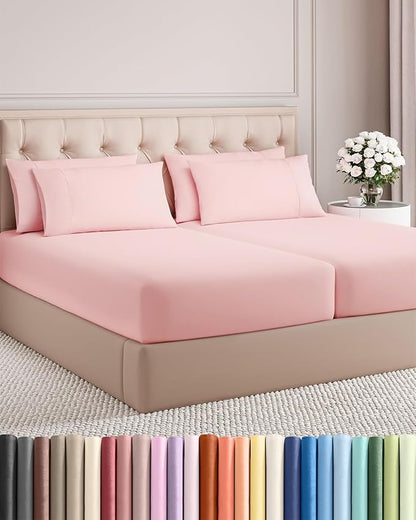 Split King 7 Piece Sheet Set - Comfy Breathable & Cooling - Soft Hotel Luxury Bedding Set with 8-16 Inch Deep Pockets - 1 Flat & 2 Fitted Sheet & 4 Pillowcases - Wrinkle Free & Easy Care - Baby Pink
