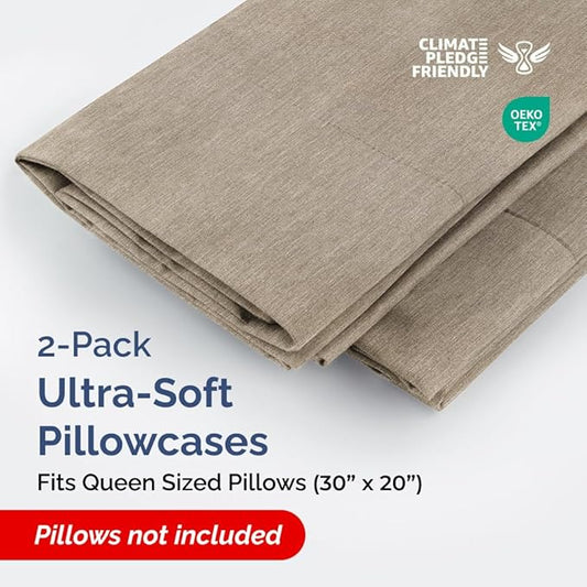 Queen Pillow Cases Set of 2 - Ultra Soft Hotel Quality Pillowcase Covers - Comfy, Cozy & Wrinkle Free - Shrinkage & Fade Resistant - Machine Washable Pillow Protectors - 2 Piece Set - Heathered Beige