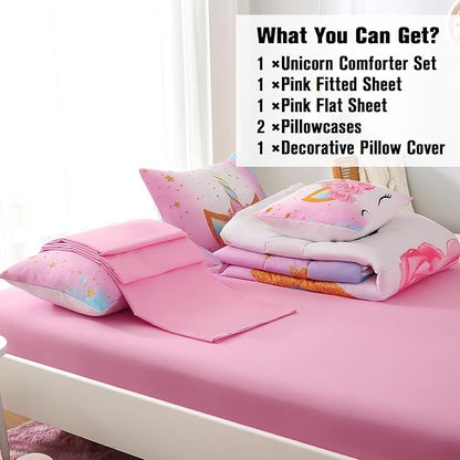 JQinHome Unicorn Full Bedding Sets for Girls Kids,6 Piece Bed in A Bag 3D Colorful Flower Girl Unicorn Comforter Set (1 Comforter,2 Pillowcases,1 Flat Sheet,1 Fitted Sheet,1 Cushion Cover)