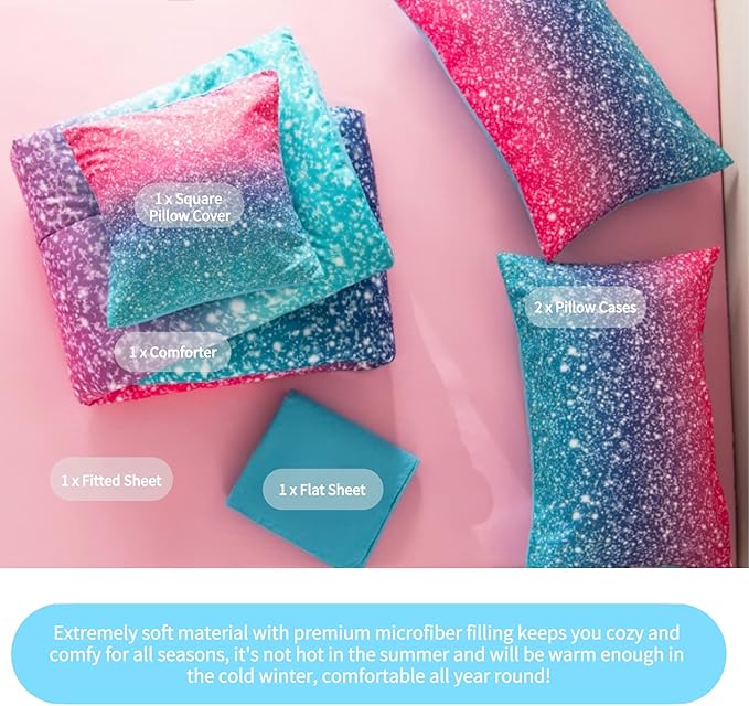 RYNGHIPY 6Pcs Gradient Glitter Comforter Sets for Teen Girls Full Size, Colorful Rainbow All-Season Coverlet Set, Ultra Soft Bedding Collections