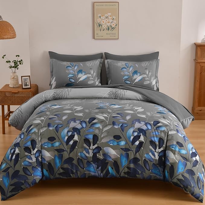 Anibedding 7 Pieces King Size Comforter Set, Grey Blue Botanical Gradient Leaves Ultra Soft Microfiber Down Alternative Bedding Set with Sheets and Pillowcase for All Season