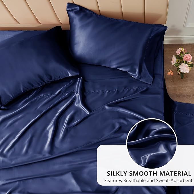 CozyLux Satin Sheets Queen Size Bed Set - 4 Piece Silky Queen Sheet Set, Luxury Navy Blue Queen Sheets with Smooth and Soft Microfiber, Includes 1 Fitted Sheet, 1 Flat Sheet and 2 Pillowcases