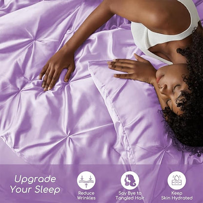 MR&HM Satin Comforter Queen 7 Pieces - Luxurious Pinch Pleat Bedding Set with Comforter, Flat Sheet, Fitted Sheet, Pillowcases & Shams, Super Silky Soft Bed Set for All Season (Queen, Lilac)