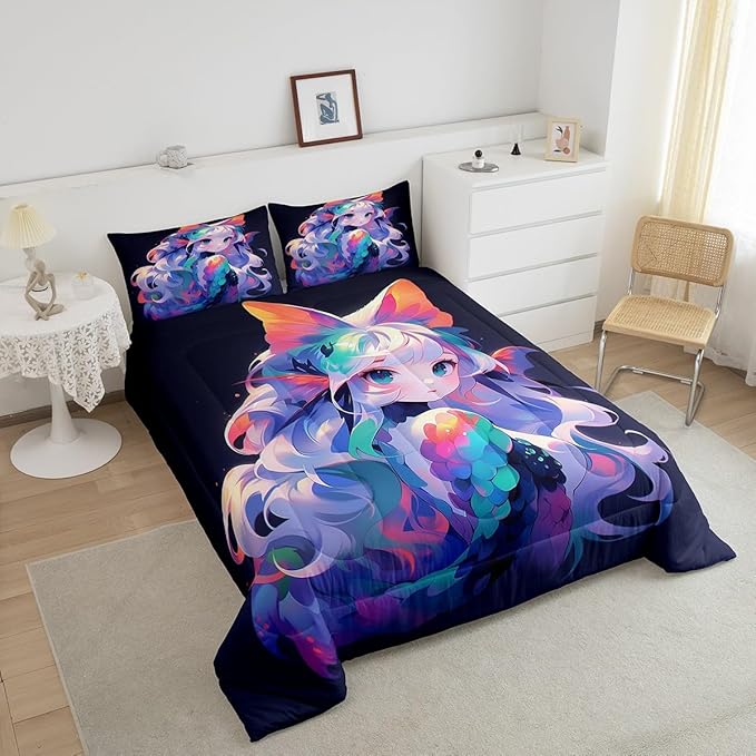 Erosebridal 3D Cartoon Printed Bedding Sets for Girls Anime Gifts Comforter 3Pcs, Japanese Girl Bed Comforter Set Kawaii Printing Duvet Set for All Season, King