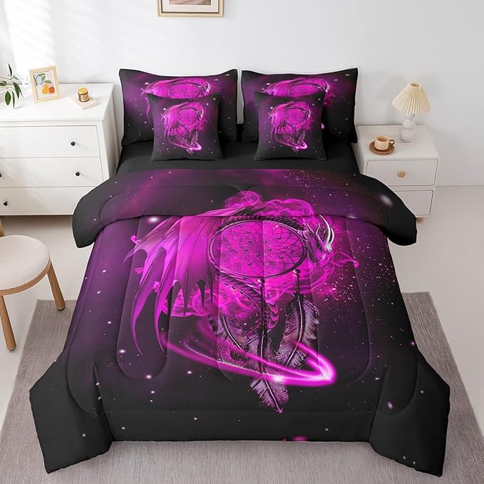 Erosebridal Gothic Dragon Dream Catchers Bed in a Bag Queen Comforter Set 7 Piece,Peach Fuchsia Galaxy Bohemian Feather Bedding Sets Antique Animal Pterosaur Sheet Set with Comforter
