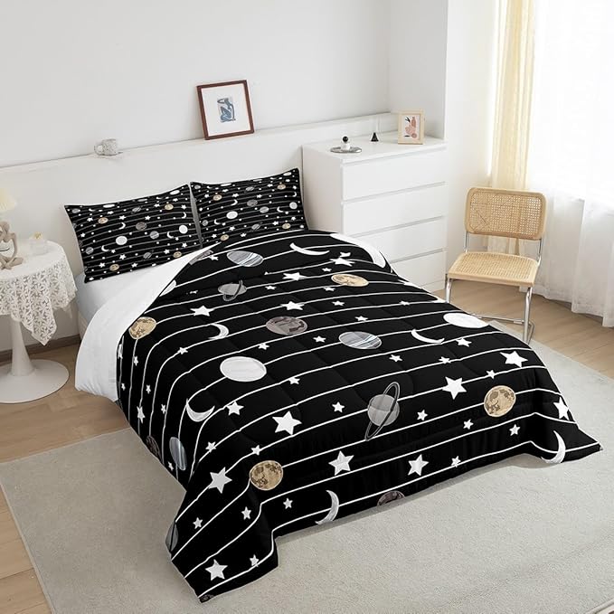 Cartoon Planet Bed Comforters Set Queen Size,Starry Galaxy Super Soft Microfiber Bedding Set for Boys Girls,Moon Night Black White Lines Room Decorative Comforter Set,2 Pillowcase