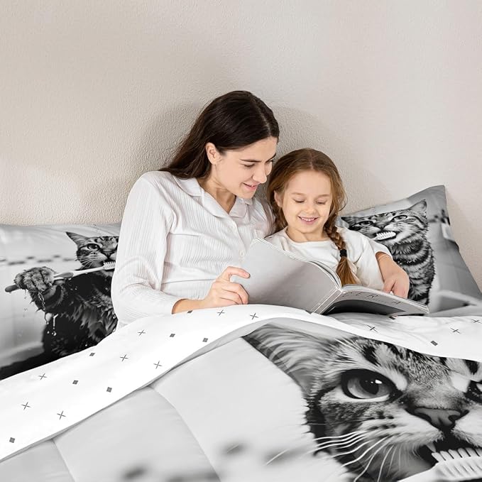 Erosebridal Kitten Bedding Set Queen Size Cute 3D Comforter Set for Kids Boys Girls Toothbrush Kawaii Animal White Black Comforter Warm Soft Quilt Insert