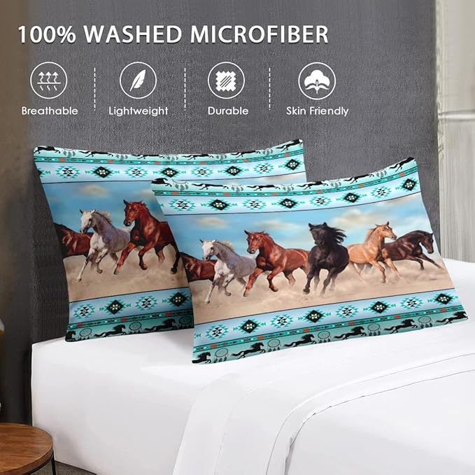 Queen Size Comforter Set with 2 Pillowcases, Horses Desert Animal 3 Pcs Bedding for Kids and Adults, Tribal Farm Sunset Run Soft Comforter Set for Bedroom Bed Decor