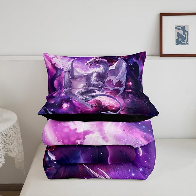 Dragon Galaxy Bedding Set Full Size,Western Magical Wildlife Comforter Set for Kids Boys Teens Adults Room Decor,Outer Space Animal Duvet Insert 3Pcs,Star Glitter Fantasy Quilt Set,2 Pillowcases