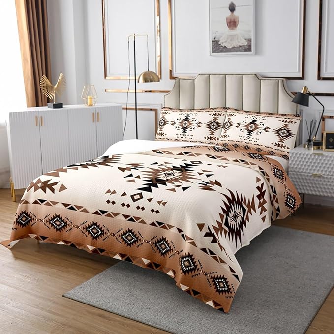 Manfei Geometric Aztec Kids Bedspread King Size,Western Cowboy Arrow Rustic Farmhouse Coverlet Set,Boys Girls Room Decor,Southwest Boho Tribal Quilted Coverlet,Brown Retro Bedding Quilt,2 Pillowcases