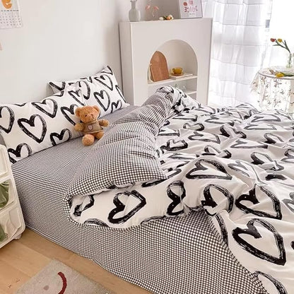 CLOTHKNOW Love Shape King Size Comforter Set Black White Bedding Comforter Sets Black Grid Comforter with 2 x Pillow Cases