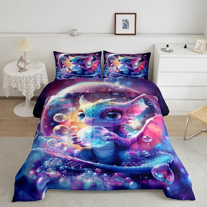 Feelyou Dragon Comforter Set King Size Kawaii Comforter for Boys Girls Teens Wild Life Bedding Set Dragon Decor Duvet Set Room Decor Purple Blue Quilt Set