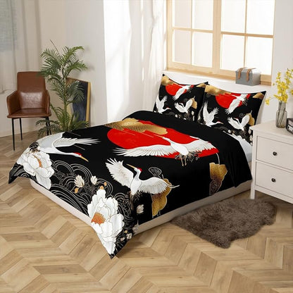 Feelyou Japanese Crane Bedding Set Twin Size Black Gold Ukiyoe Theme Duvet Cover for Adult Kids Boys Girls Asian Anime Comforter Cover Set Wild Animal Bedspread Cover 2Pcs Zipper