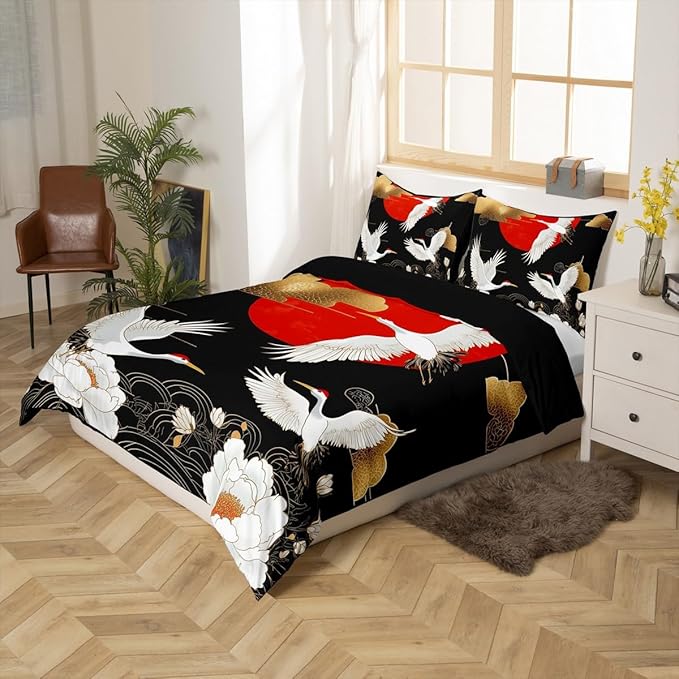 Feelyou Japanese Crane Bedding Set Full Size Black Gold Ukiyoe Theme Duvet Cover for Adult Kids Boys Girls Asian Anime Comforter Cover Set Wild Animal Bedspread Cover 3Pcs Zipper