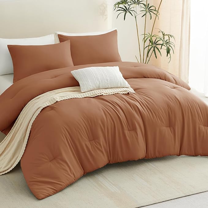 CozyLux King Size Comforter Set Pumpkin, 3 Pieces Solid Comforters King Size Breathable Quilted Bedding Sets, Fall Luxury Soft Lightweight Bed Set with Down Alternative Comforter and 2 Pillowcases