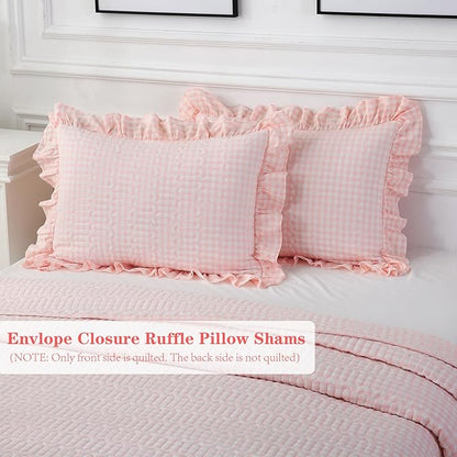 Blush White Ruffle Gingham Quilt Set Queen Size with 2 Pillow Shams, 100% Washed Cotton Yarn-Dyed Quited Bedspread Farmhouse Bedding Set (Blush, Queen) | 100% washed cotton, gingham quilts, ruffles