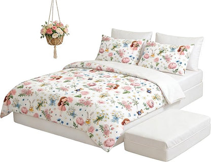 Girls Twin Size Bed in A Bag for Kids, 5Pcs Pink Rose Comforter Set Priness Rabbit Bear Bedding, 1 Quilted Comforter(68"x86")&2 Pillowcase&1 Flat Sheet &1 Fitted Sheet