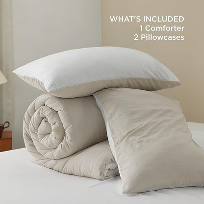 Bedsure King Comforter Set, Beige White Soft Prewashed Bedding for All Seasons, 3 Pieces GentleSoft™ Bed Set, 1 Lightweight Comforter (104"x90") and 2 Pillowcases (20"x36")