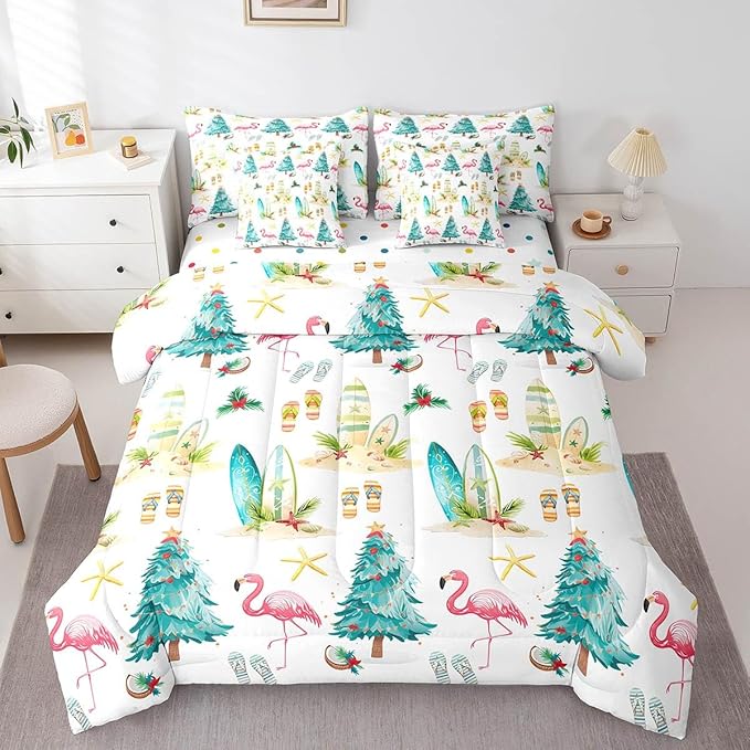 Christmas Tree 7 Pieces Comforter Sets King,Xmas Theme Flamingo Surfboard Bedding Set for Kids Girls Bedroom Decor,Sea Beach Slippers Bed in a Bag with Comforter,Sheets and Pillow Cases