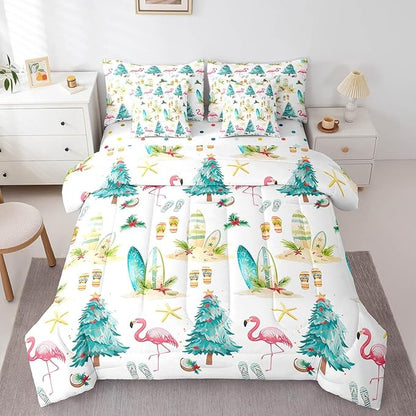 Christmas Tree 7 Pieces Comforter Sets Queen,Xmas Theme Flamingo Surfboard Bedding Set for Kids Girls Bedroom Decor,Sea Beach Slippers Bed in a Bag with Comforter,Sheets and Pillow Cases