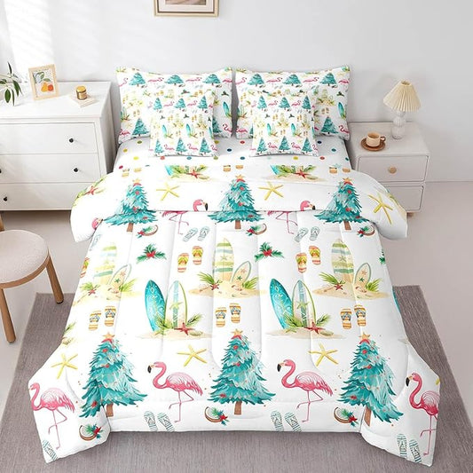 Christmas Tree 7 Pieces Comforter Sets Queen,Xmas Theme Flamingo Surfboard Bedding Set for Kids Girls Bedroom Decor,Sea Beach Slippers Bed in a Bag with Comforter,Sheets and Pillow Cases
