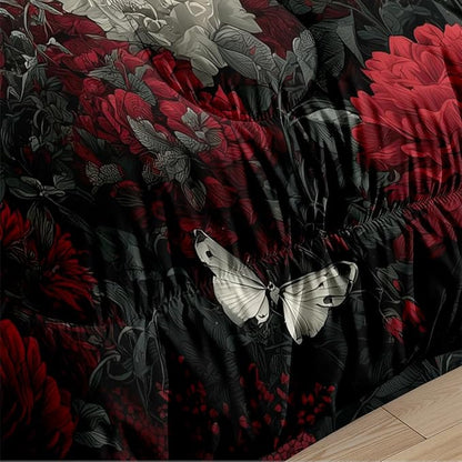 Women 7Pcs Red Flowers Comforter Set, King Size Moon, Sword, Butterfly Bedding Set, White Butterfly, 1 Comforter 104"x90", 2 Pillowcases, 1 Fitted Sheet, 1 Flat Sheet, 2 Pillow Shams