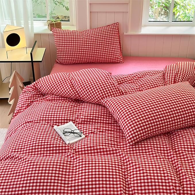 Nayoroom Red Gingham Duvet Cover Queen Size 100% Washed Cotton Plaid Checkered Duvet Cover 3 Pieces Soft Breathable Grid Farmhouse Dorm Bedding Set for All Seasons