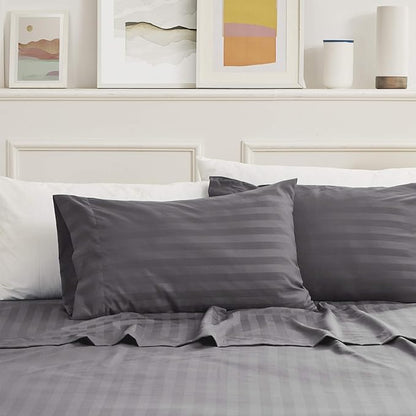SLEEP ZONE Striped Cooling Queen Sheets Set - Fitted Flat Sheet & Pillowcase Sets 4 Piece - Super Soft Stripe Bed Sheet, Easy Care, Deep Pocket (Gull Grey, Queen)