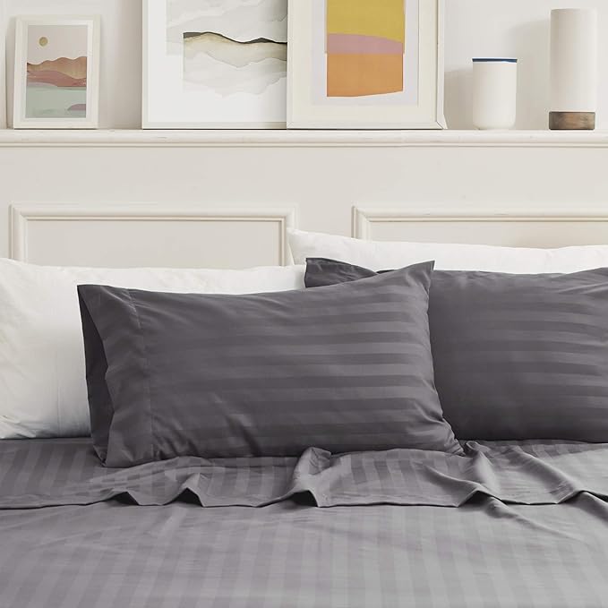 SLEEP ZONE Striped Cooling Sheets Set King Size - Fitted Flat Sheet & Pillowcase Sets 4 Piece - Super Soft Stripe Bed Sheet, Easy Care, Deep Pocket (Gull Grey, King)