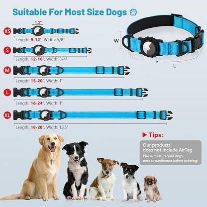 Taglory AirTag Dog Collar with Waterproof Holder for Large Dogs, SkyBlue | Reflective for Night Walks & Low-Light Safety, Track Your Pup Peace of Mind, Adjustable Soft Padded, No More Dangling Tags XL