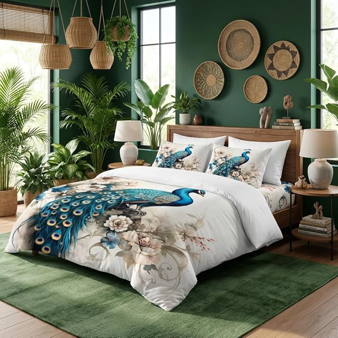 King Size Comforter Set for Women,Teal Peacock Feather Bedding Set with Blue and White Floral,Elegant Watercolor Bird Flowers Decor,3Pcs Soft Fluffy Microfiber with 2 Pillowcases,104 * 90