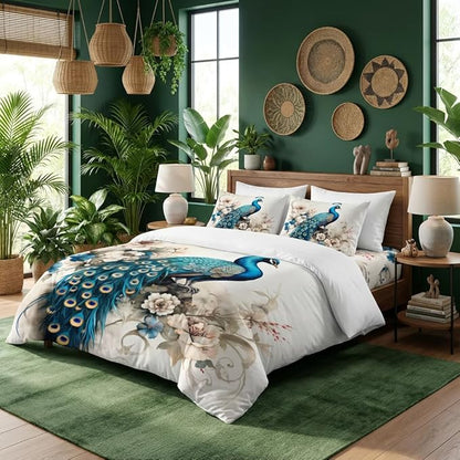 King Size Comforter Set for Women,Teal Peacock Feather Bedding Set with Blue and White Floral,Elegant Watercolor Bird Flowers Decor,3Pcs Soft Fluffy Microfiber with 2 Pillowcases,104 * 90