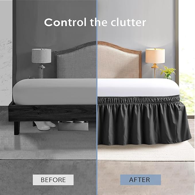 FreshCulture Queen Bed Skirt, Elastic Wrap Around Bed Skirt Queen Size, Bed Skirts for Adjustable Bed, Easy Fit with 15-Inch Tailored Drop, Hotel Quality Dust Ruffle for Queen Bed (Black)