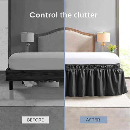 FreshCulture Queen Bed Skirt, Elastic Wrap Around Bed Skirt Queen Size, Bed Skirts for Adjustable Bed, Easy Fit with 15-Inch Tailored Drop, Hotel Quality Dust Ruffle for Queen Bed (Black)