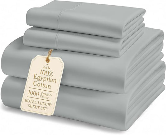 100% Egyptian Cotton Sheets King Size - 1000 Thread Count Naturally Cooling & Breathable Sateen King Size Sheets Set, Ultra-Soft & Durable Hotel Luxury Sheets with 15" Snug Fit Deep Pockets - Silver