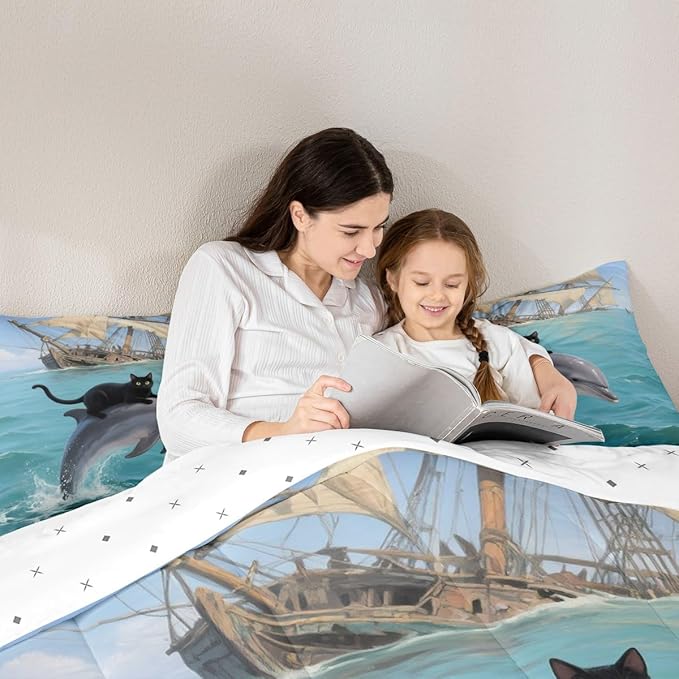 Erosebridal Black Kitten Bedding Set Twin Size Dolphin Comforter Set for Kids Girls Boys Marine Waves Kawaii Cat Sea Ship Blue White Comforter Warm Soft Quilt Insert