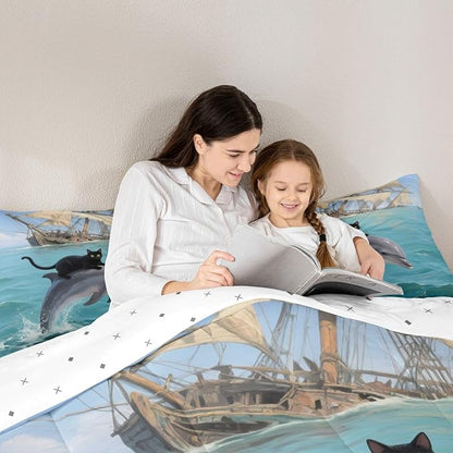 Erosebridal Black Kitten Bedding Set Twin Size Dolphin Comforter Set for Kids Girls Boys Marine Waves Kawaii Cat Sea Ship Blue White Comforter Warm Soft Quilt Insert