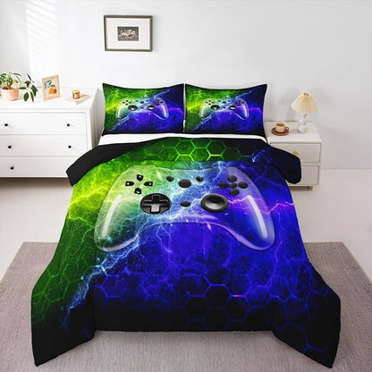 Erosebridal Boys Gaming Bedding Set Twin Size,Kids Gamer Comforter Set Green Blue Lighting Gamepad Bedding for Teen Honeycomb Game Room Decor,Soft Neon Games Console Quilt Duvet 2Pcs