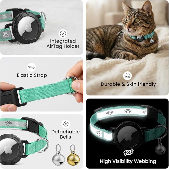 Reflective AirTag Cat Collar, Integrated Cat Collar with Air Tag Holder | Built in AirTag Holder, Adjustable 7-13in for Cats, Kittens and Puppies, Safety Elastic Band, Reflective for Night Walking