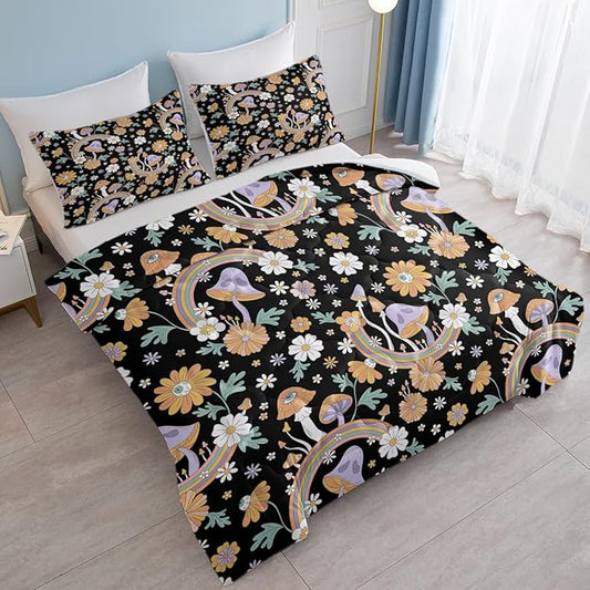 SOULZZZ Retro Hippie Mushroom Bedding Set Queen Size, Floral Daisy Mushroom Quilt for Girls Women Flower Green Leaf Rainbow Mushroom Black Comforter with 2 Pillowcases