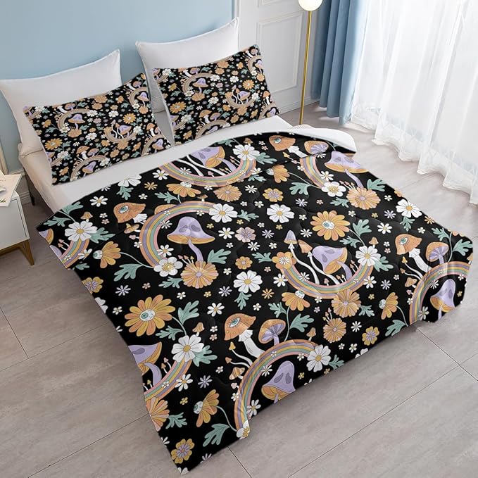 SOULZZZ Retro Hippie Bedding Set Twin Size, Floral Daisy Mushroom Quilt for Girls Women, Rainbow Mushroom Black Comforter with 2 Pillowcases