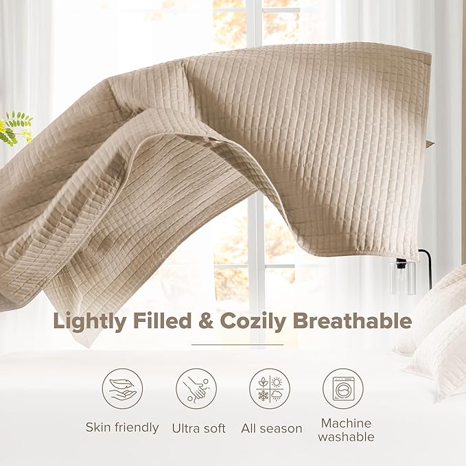 Comfort Spaces - CS13-0933 Kienna Quilt Coverlet Bedspread Ultra Soft Hypoallergenic All Season Lightweight Filling Stitched Bedding Set, Oversized Queen(102"x118"), Taupe 3 Piece