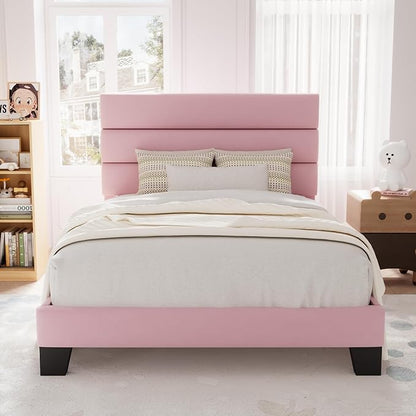 Allewie Twin Size Platform Bed Frame with Velvet Upholstered Headboard Pink | Wooden Slats Support, Fully Upholstered Mattress Foundation, No Box Spring Needed, Easy Assembly, Noise-Free, Pink