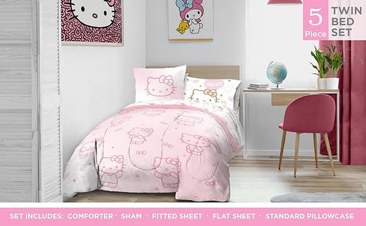 Jay Franco Hello Kitty Twin Comforter Set - 5 Piece Bedding Includes Sheet Set & Pillow Covers - Super Soft Pink Bedding