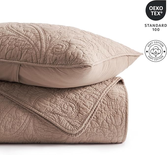 EVERGRACE 100% Cotton Paisley Quilt Set, Queen Size 3 Piece Set – Prewashed Lightweight Bedspread with 2 Shams, Soft Matelasse Coverlet for All-Season, Dusty Brick (Red Undertones)