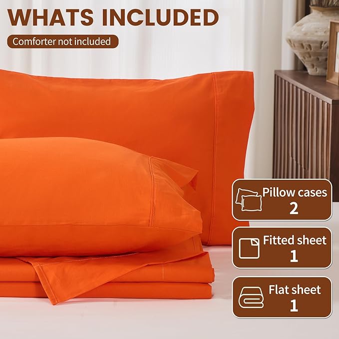 100% Linen Sheets King Size,Breathable & Durable 4-Piece Bed Flax Sheet Set,Soft All-Season Bedding for Hot Sleepers 16" Deep Pocket Oeko-TEX Certified,（King, Orange）