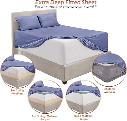 Hearth & Harbor Extra Deep Pocket Sheets - Fits Mattress 18-24 Inches Deep - Extra Deep Pocket Twin Sheets Sets - 4 Piece Twin Size - Steel Blue